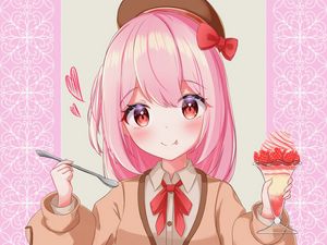 Preview wallpaper girl, take, smile, dessert, anime, art