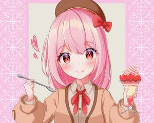 Preview wallpaper girl, take, smile, dessert, anime, art