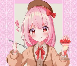 Preview wallpaper girl, take, smile, dessert, anime, art