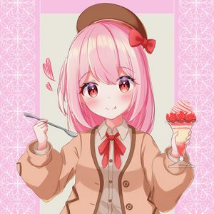 Preview wallpaper girl, take, smile, dessert, anime, art