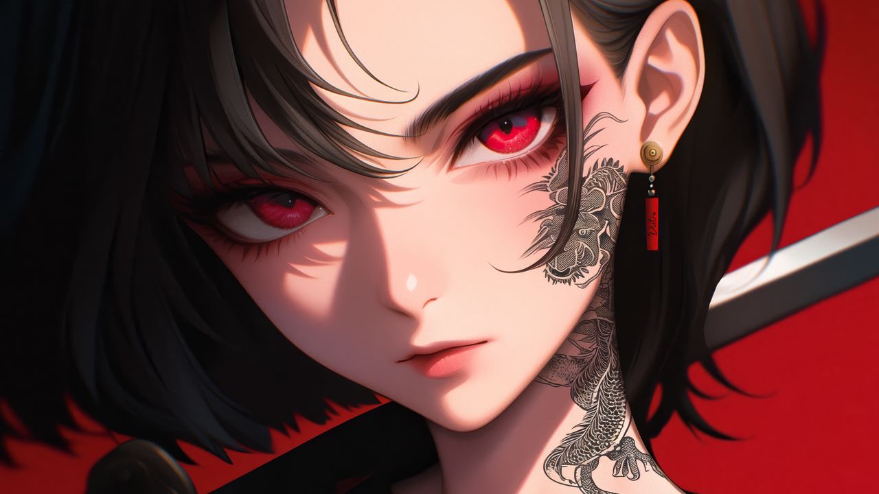 Wallpaper girl, tattoo, katana, anime