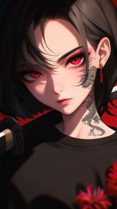 Preview wallpaper girl, tattoo, katana, anime