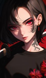 Preview wallpaper girl, tattoo, katana, anime