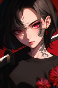 Preview wallpaper girl, tattoo, katana, anime