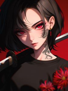 Preview wallpaper girl, tattoo, katana, anime