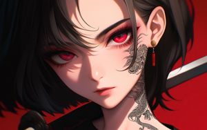 Preview wallpaper girl, tattoo, katana, anime