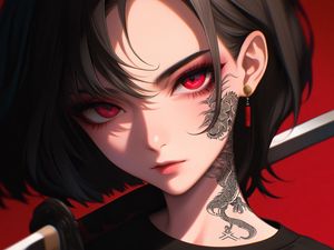 Preview wallpaper girl, tattoo, katana, anime