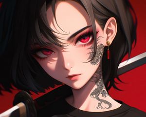 Preview wallpaper girl, tattoo, katana, anime