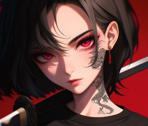 Preview wallpaper girl, tattoo, katana, anime