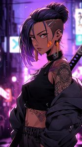 Preview wallpaper girl, tattoo, katanas, street, art