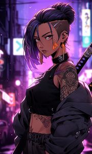 Preview wallpaper girl, tattoo, katanas, street, art