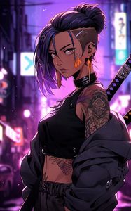 Preview wallpaper girl, tattoo, katanas, street, art