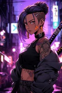 Preview wallpaper girl, tattoo, katanas, street, art