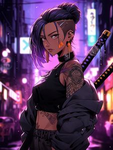 Preview wallpaper girl, tattoo, katanas, street, art