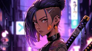 Preview wallpaper girl, tattoo, katanas, street, art