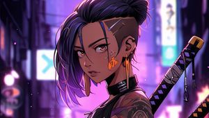 Preview wallpaper girl, tattoo, katanas, street, art