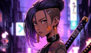 Preview wallpaper girl, tattoo, katanas, street, art