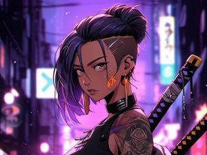 Preview wallpaper girl, tattoo, katanas, street, art