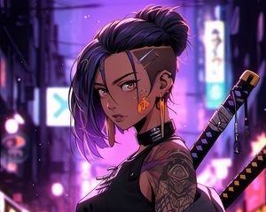 Preview wallpaper girl, tattoo, katanas, street, art