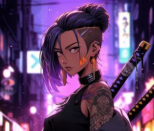 Preview wallpaper girl, tattoo, katanas, street, art