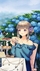 Preview wallpaper girl, tea party, cup, garden, anime