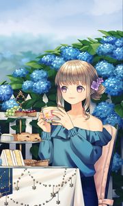 Preview wallpaper girl, tea party, cup, garden, anime