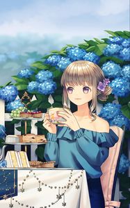 Preview wallpaper girl, tea party, cup, garden, anime