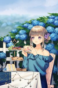 Preview wallpaper girl, tea party, cup, garden, anime