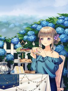 Preview wallpaper girl, tea party, cup, garden, anime