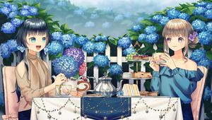 Preview wallpaper girl, tea party, cup, garden, anime