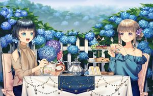 Preview wallpaper girl, tea party, cup, garden, anime