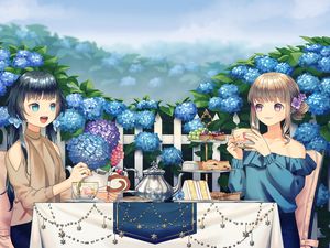 Preview wallpaper girl, tea party, cup, garden, anime