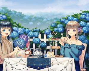 Preview wallpaper girl, tea party, cup, garden, anime