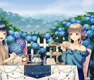 Preview wallpaper girl, tea party, cup, garden, anime