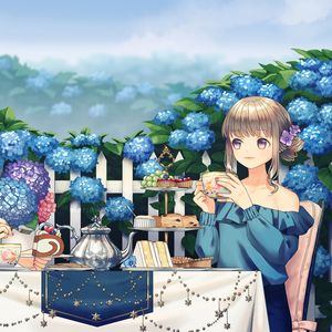 Preview wallpaper girl, tea party, cup, garden, anime