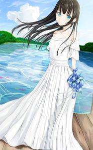 Preview wallpaper girl, tears, dress, bouquet, anime