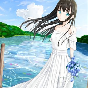 Preview wallpaper girl, tears, dress, bouquet, anime