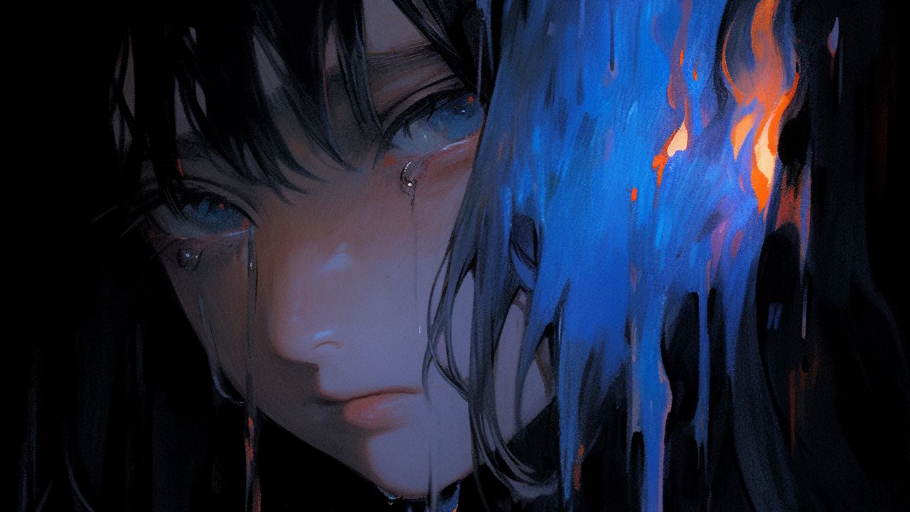 Wallpaper girl, tears, hair, dark, anime