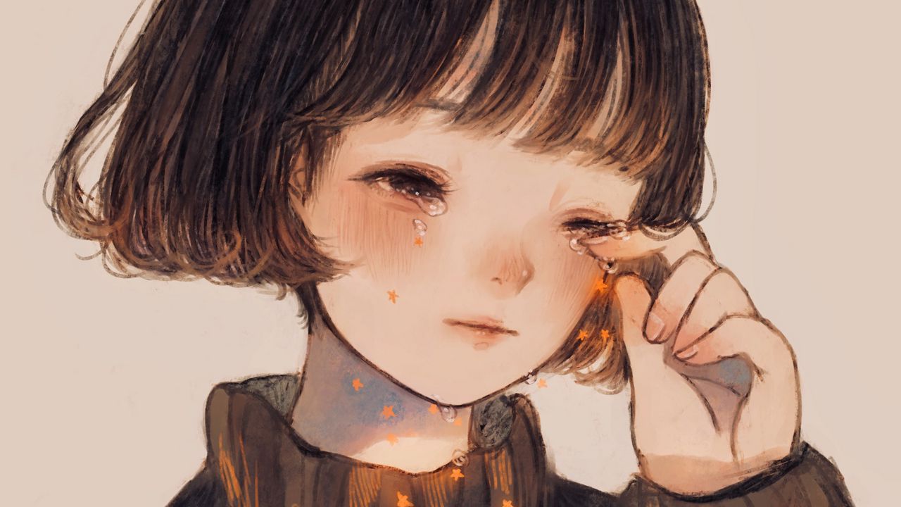 Wallpaper girl, tears, sad, stars, anime, art