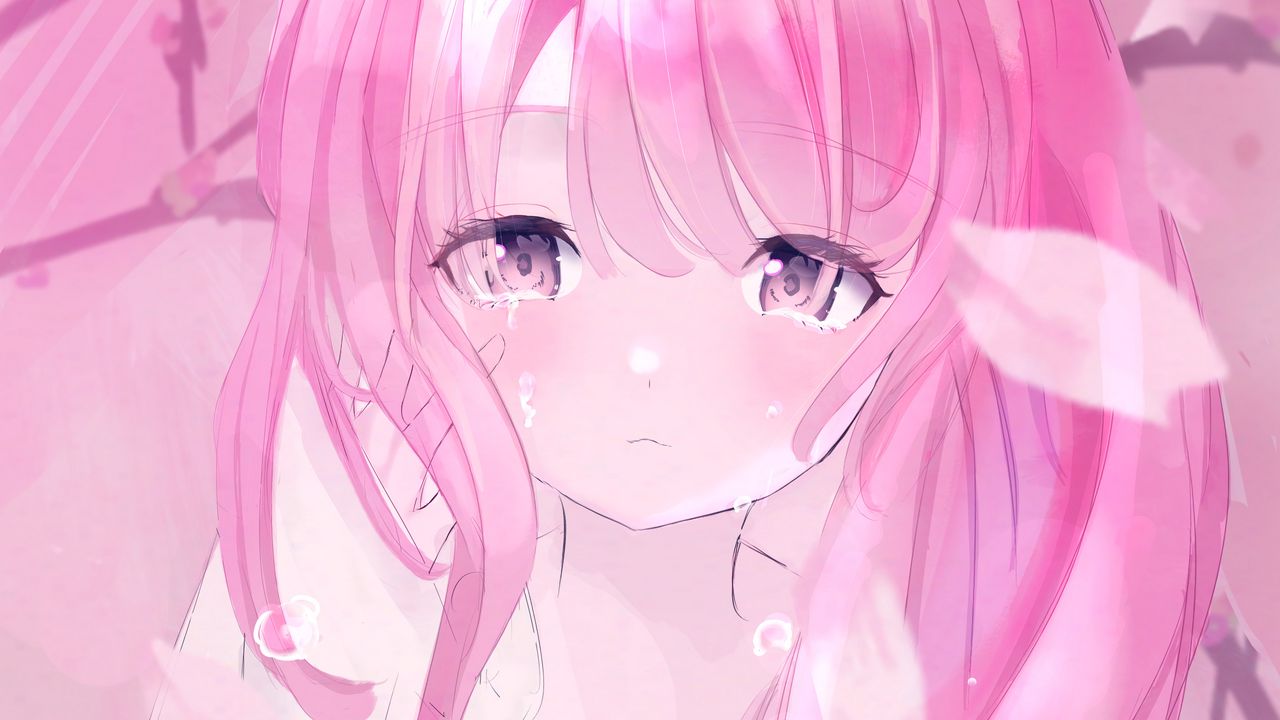 Wallpaper girl, tears, sad, anime, art, pink