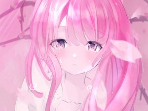 Preview wallpaper girl, tears, sad, anime, art, pink