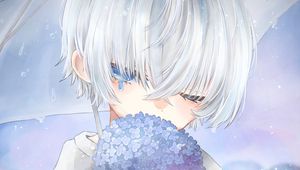 Preview wallpaper girl, tears, sad, umbrella, hydrangea, flowers, anime