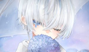 Preview wallpaper girl, tears, sad, umbrella, hydrangea, flowers, anime