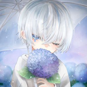 Preview wallpaper girl, tears, sad, umbrella, hydrangea, flowers, anime