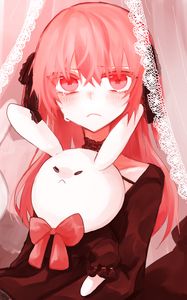 Preview wallpaper girl, tears, sad, hare, toy, anime