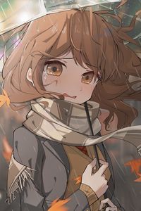 Preview wallpaper girl, tears, scarf, rain, autumn, anime