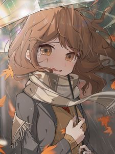 Preview wallpaper girl, tears, scarf, rain, autumn, anime