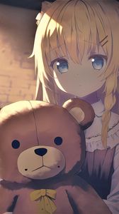 Preview wallpaper girl, teddy bear, sadness, anime