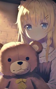 Preview wallpaper girl, teddy bear, sadness, anime