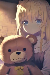 Preview wallpaper girl, teddy bear, sadness, anime